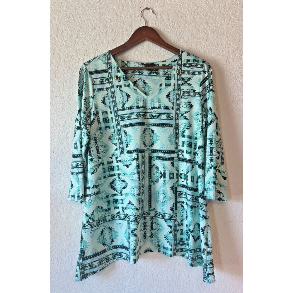 Green and Blue Womens Medium Tuni Top With Southwest Print and 3/4 Sleeves